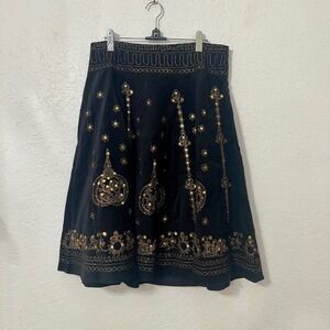 Lucy Collection Black Corduroy Embroidered Sequin A-Line Midi Skirt Womens L NWT